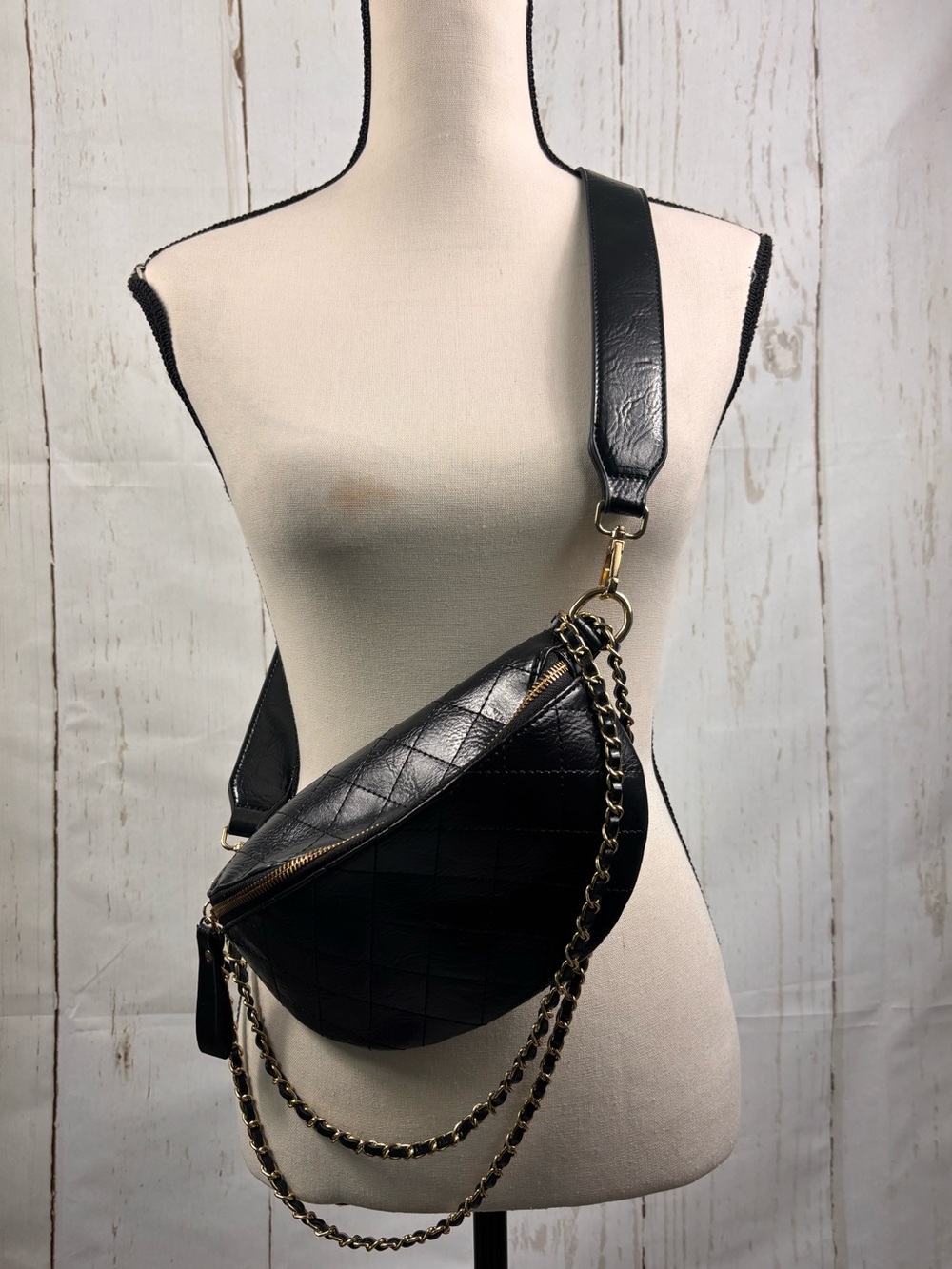 Faux Leather Crossbody Dressy Belt Bag with Gold Chains Black